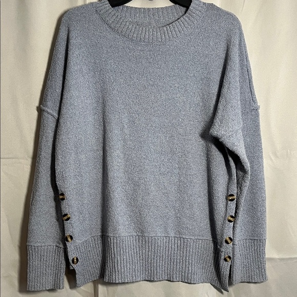 None Sweaters - Mock Neck Raw Edge Drop‎ Shoulder Side Button Sweater Gray Blue Size XL